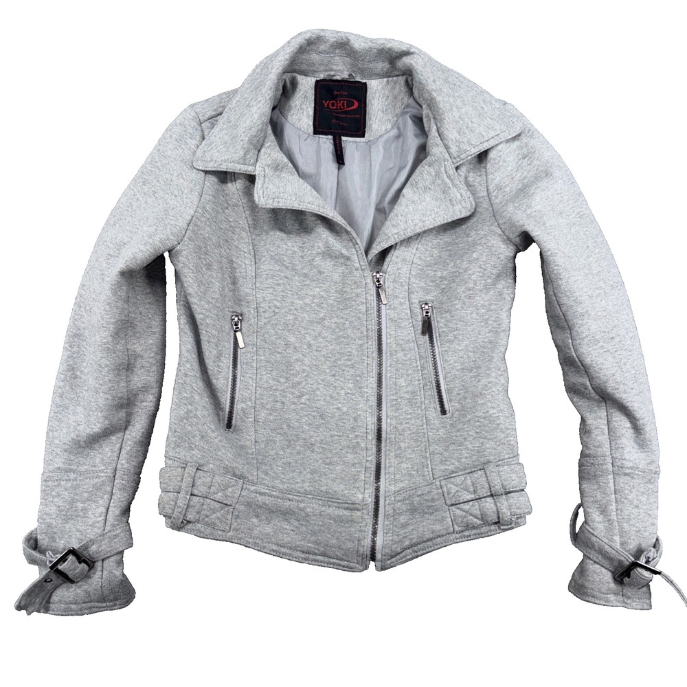 Y2K Yoki New York Biker Style Cropped Jacket Zip Up, Pockets, Light  Gray Size M